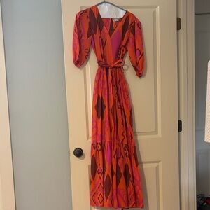 Vibrant Orange & Pink Maxi Dress with Tie Waist